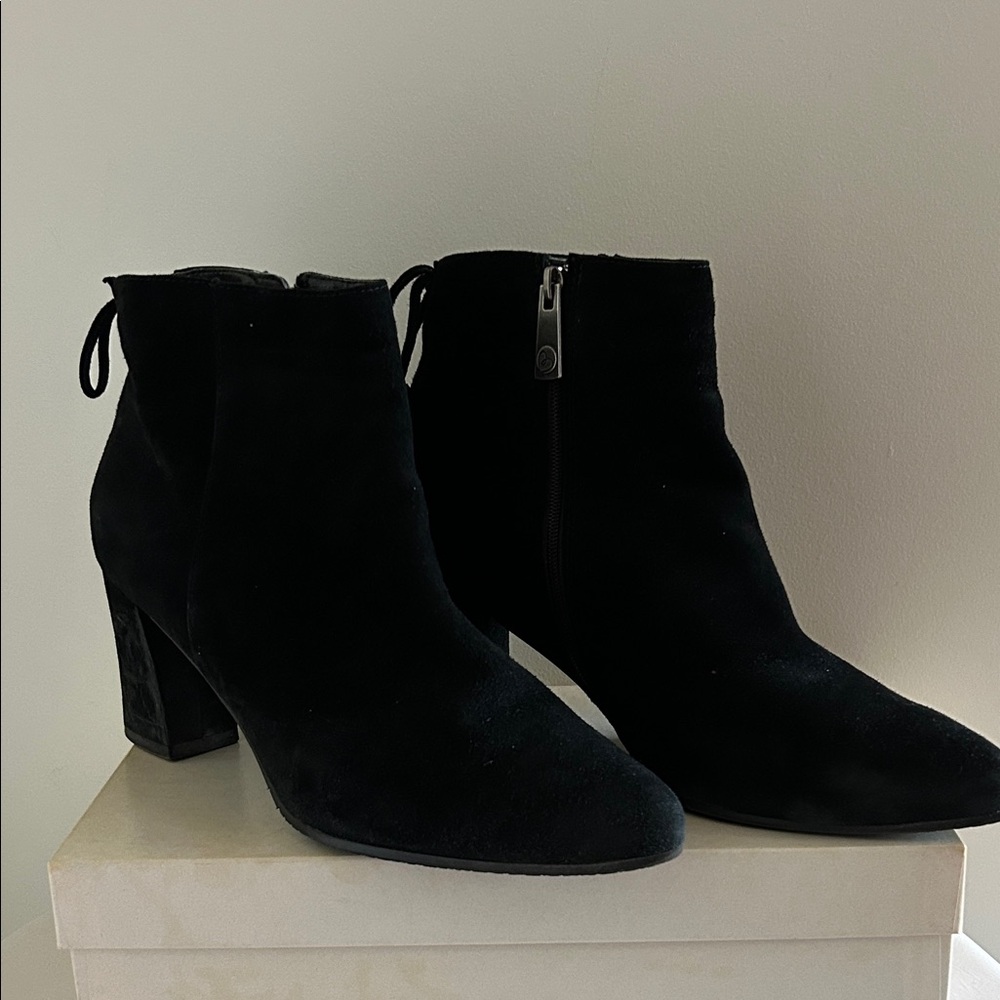 Blondo Black Suede Ankle Boots with Block Heel